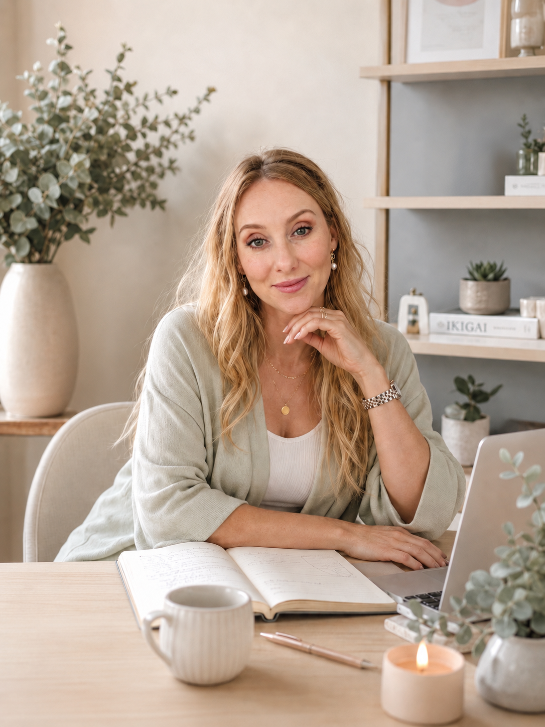 Elaro Wellness founder seated at a desk in a calming wellness studio