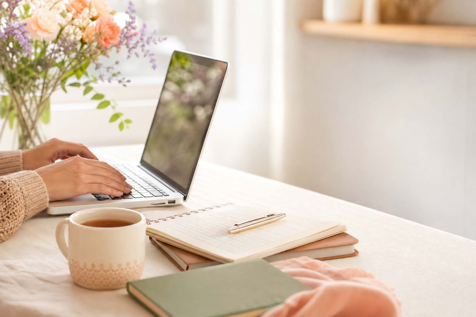 Hands typing beside tea, flowers, and a notebook in soft morning light