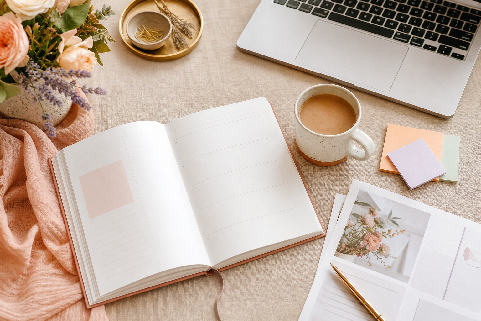 Planner, flowers, coffee, and soft wellness resources on linen